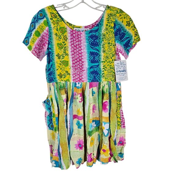 Jams World Girlz Multicolor Floral Patchwork Dress Sz M Pockets Rayon Tropical - Picture 1 of 9
